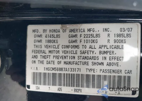2007 Honda Accord 2.4 Ex from USA, damaged, VIN 1HGCM56887A133171